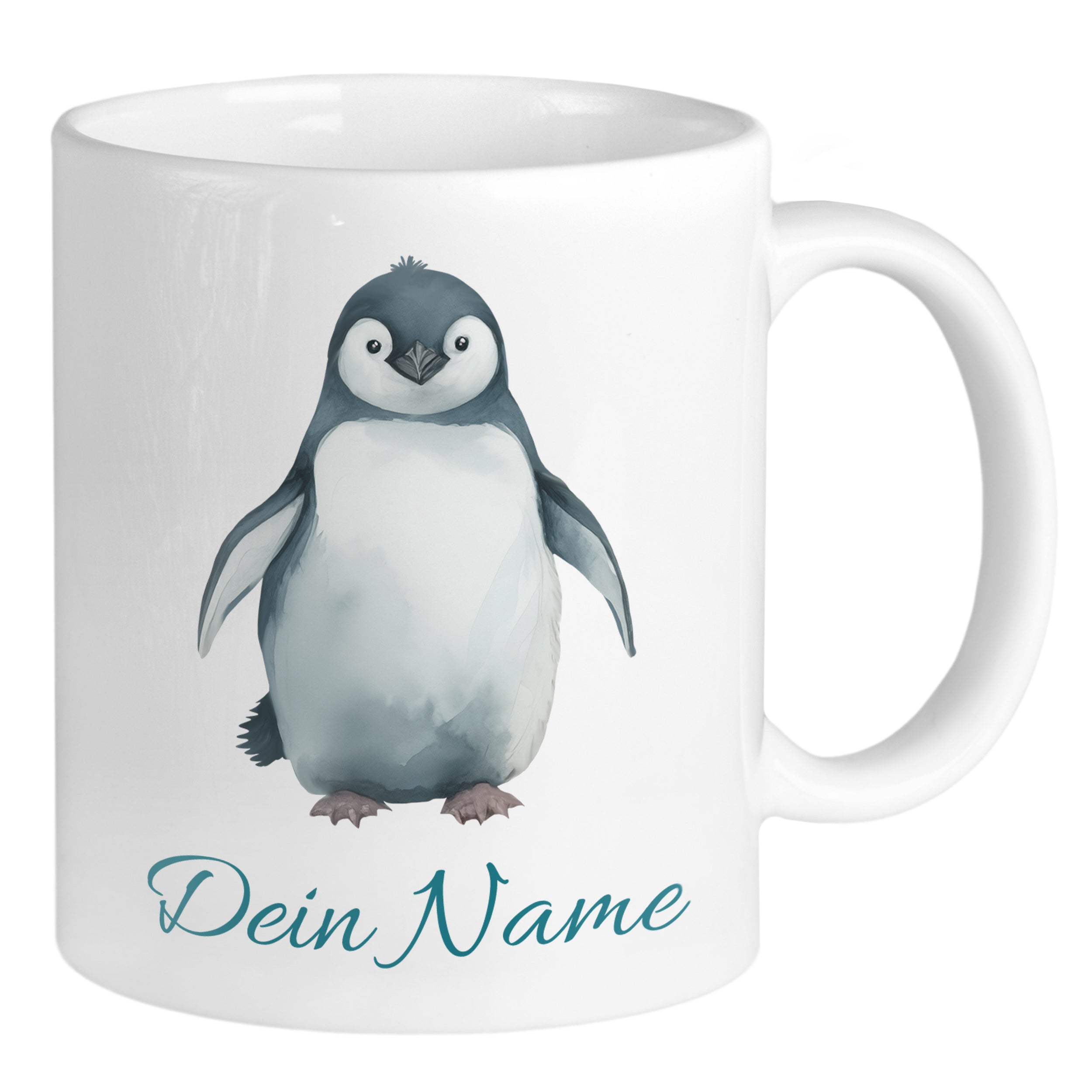 Tasse mit niedlichem Pinguin und personalisiertem Namen.