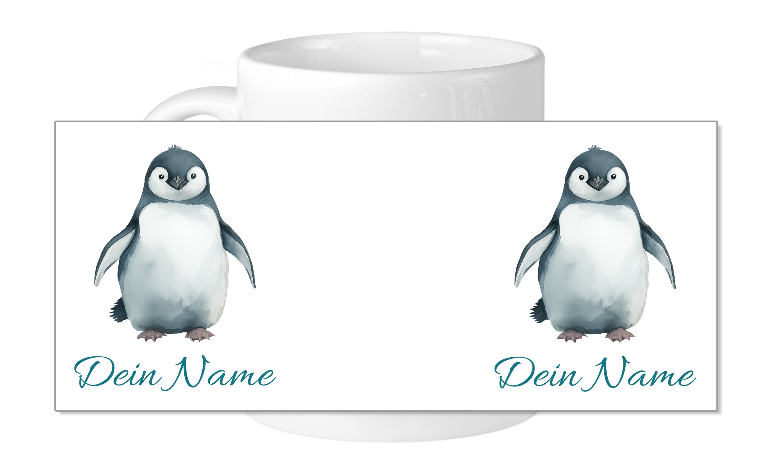 Weißer Becher mit zwei Pinguinen und personalisiertem Text.