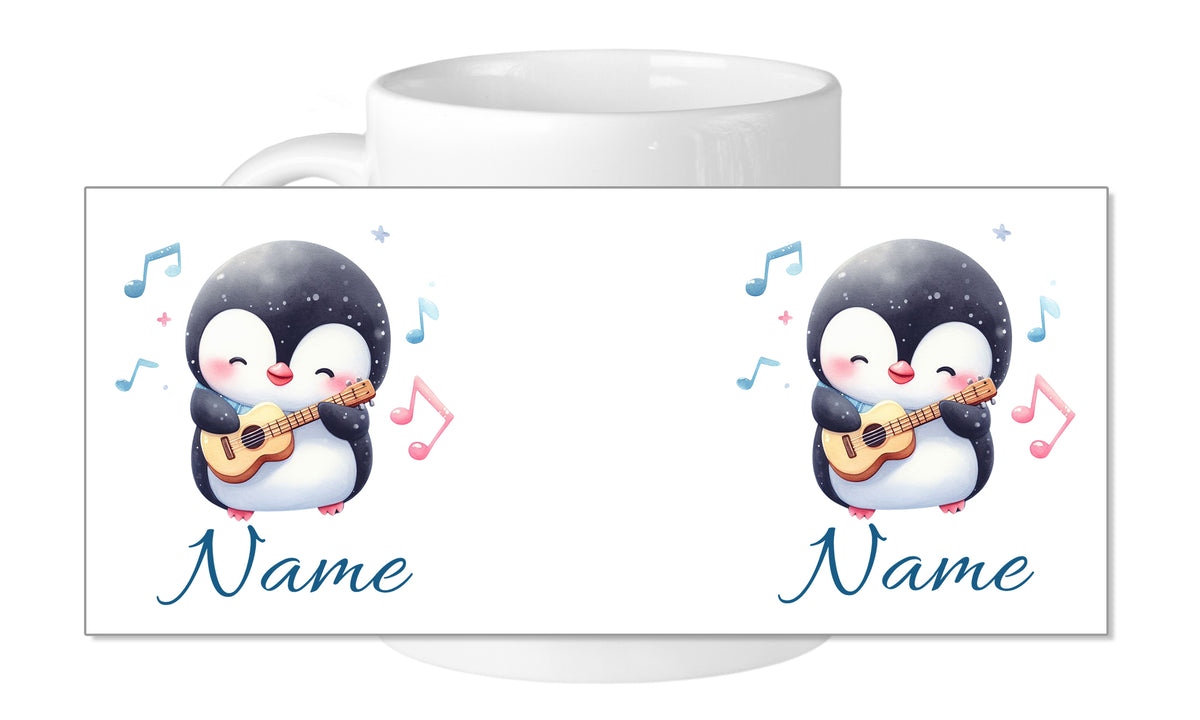 Kaffeetasse mit singendem Pinguin und personalisierbarem Namen.
