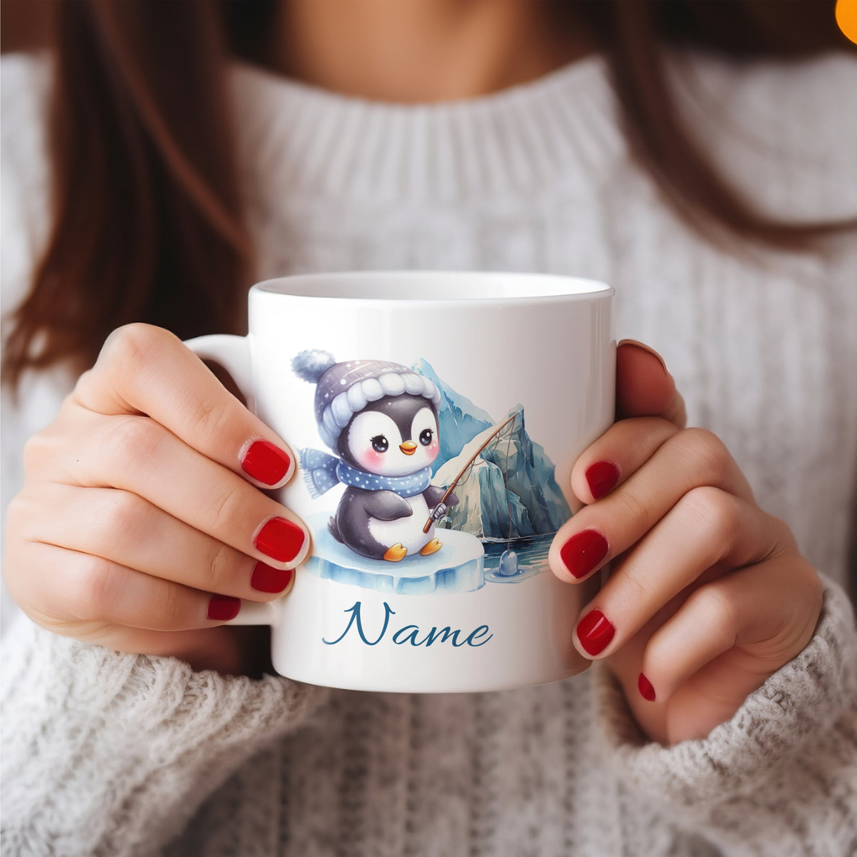 Tasse mit Pinguin-Motiv, weiß, personalisierbar mit Namen.
