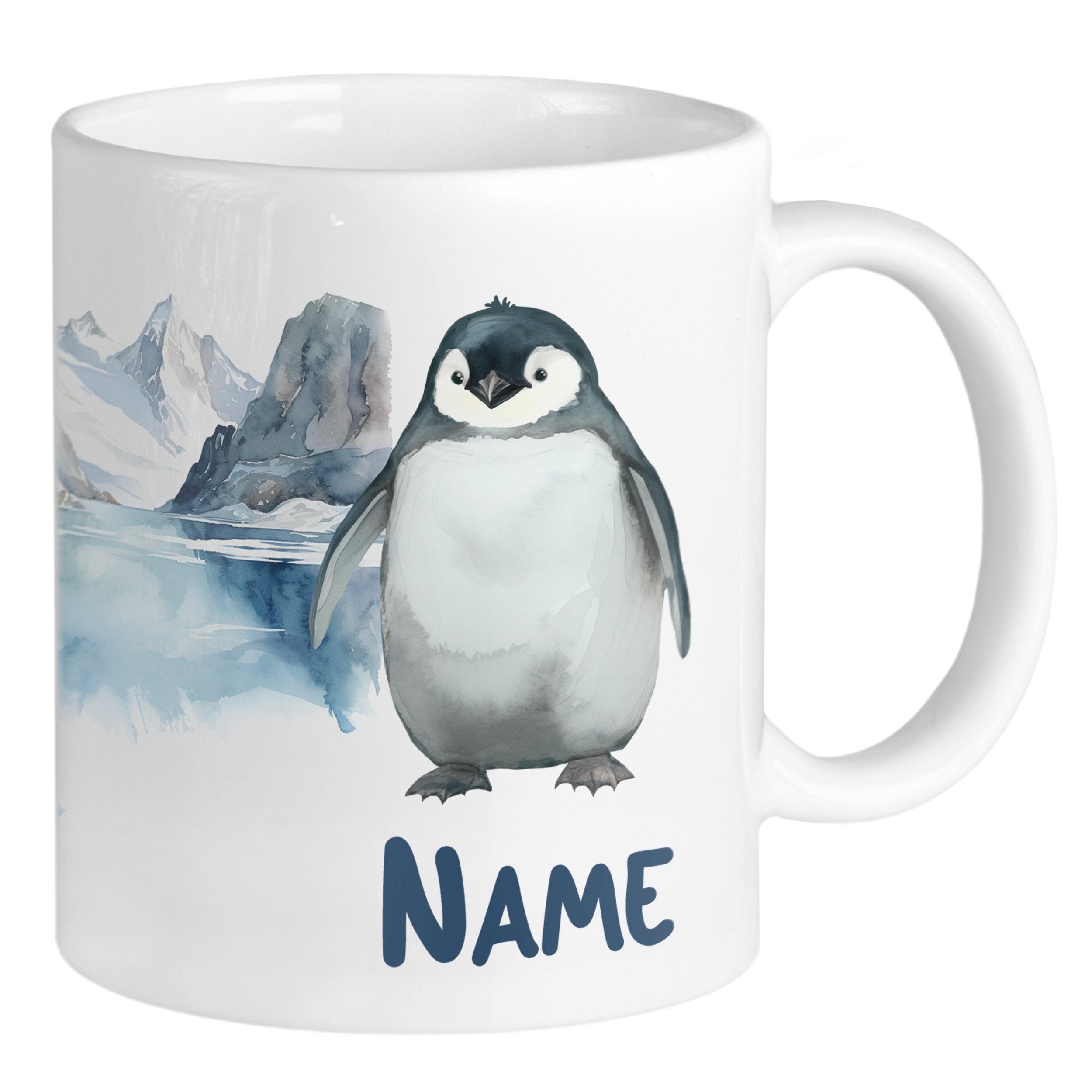 Weißer Becher mit Pinguin-Illustration und personalisierbarem Namen.