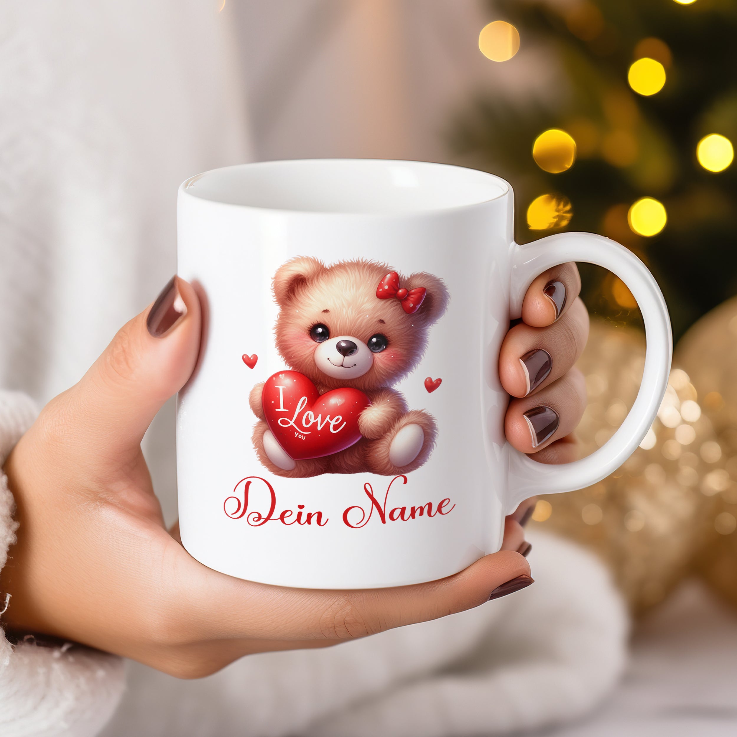 Tasse mit Bärenmotiv und rotem Herz, personalisiert.