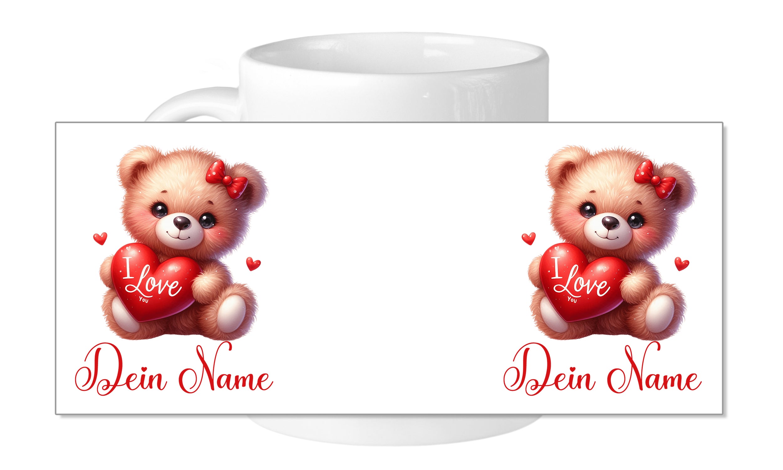 Personalisierte Tasse mit zwei niedlichen Bären und Herzen.
