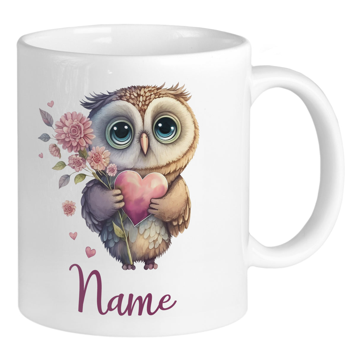 Kaffeetasse mit niedlicher Eule, Herzen und Blumen.