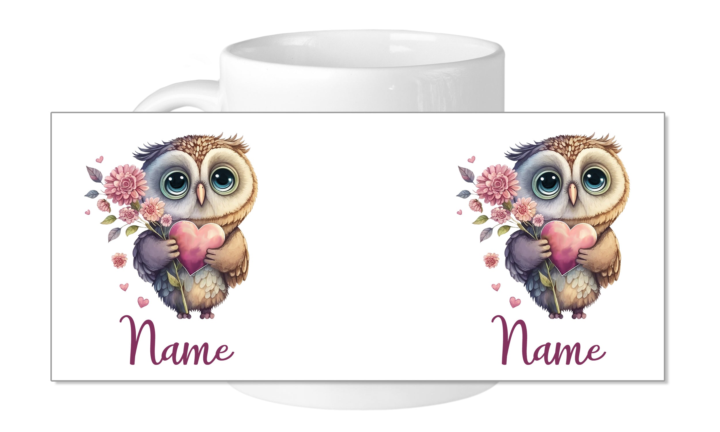 Kaffeetasse mit süßer Eule, Herzen und Blumen.