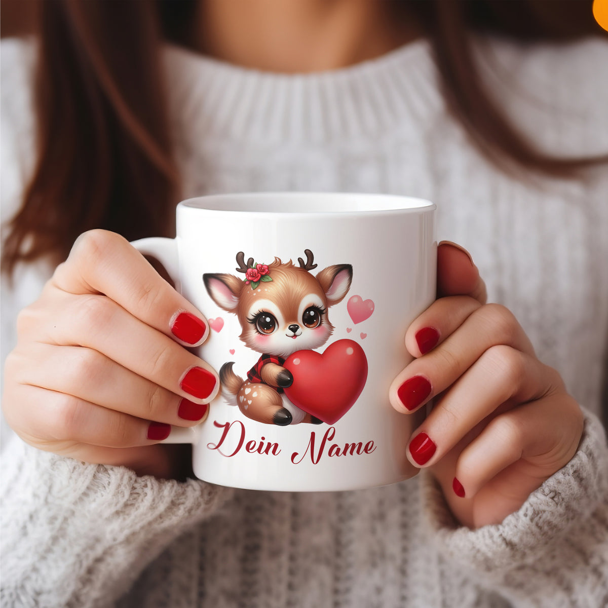Tasse mit niedlichem Reh und rotem Herz, personalisiert.