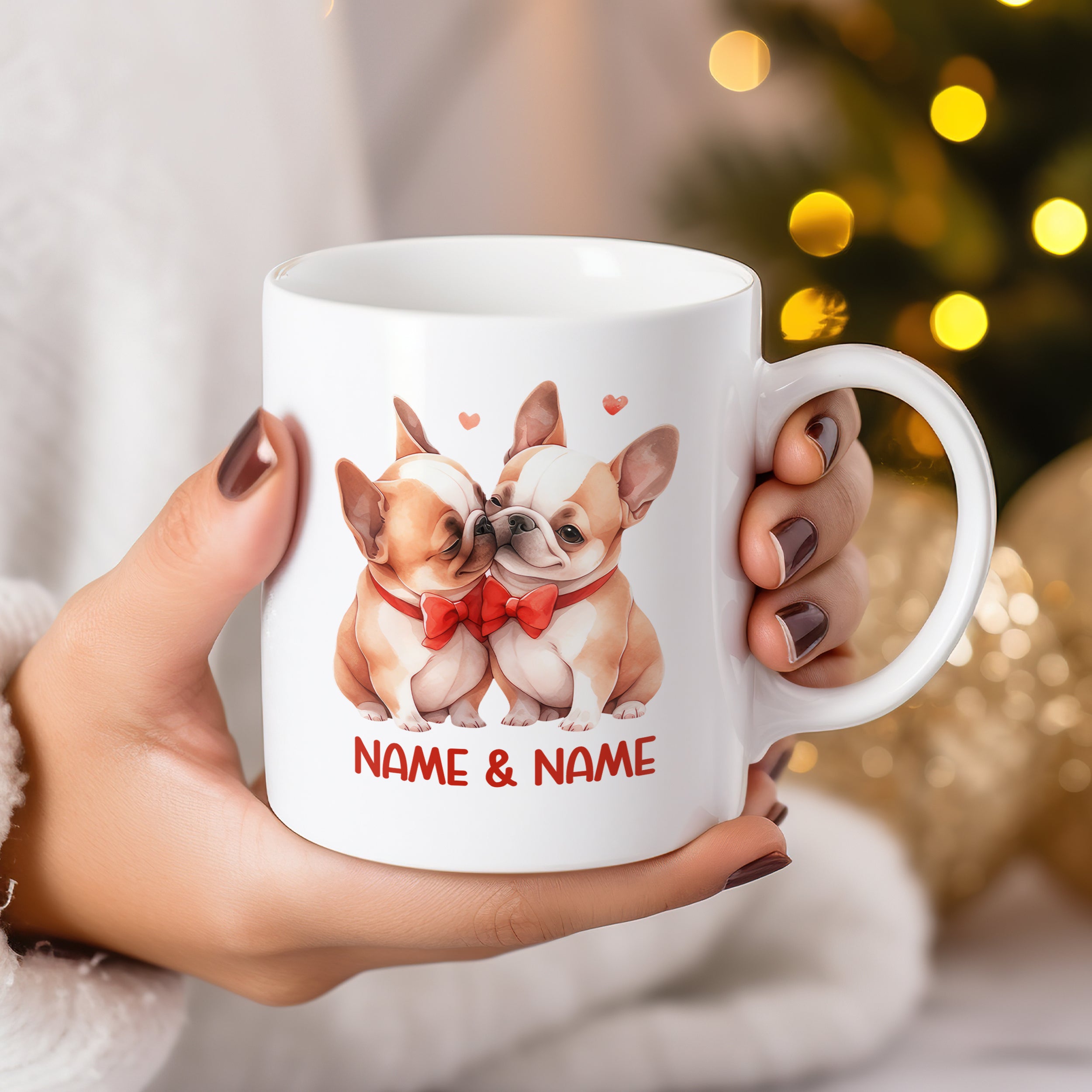 Kaffeetasse mit zwei küssenden französischen Bulldoggen und Namen.