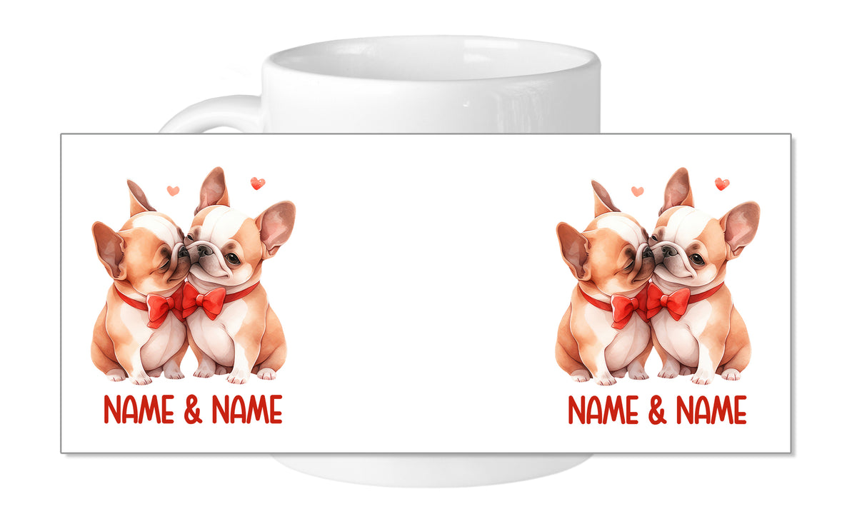 Tasse mit zwei französischen Bulldoggen und roten Schleifen.