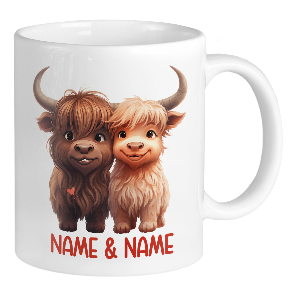 Tasse mit zwei niedlichen Highland-Rindern und Namen.