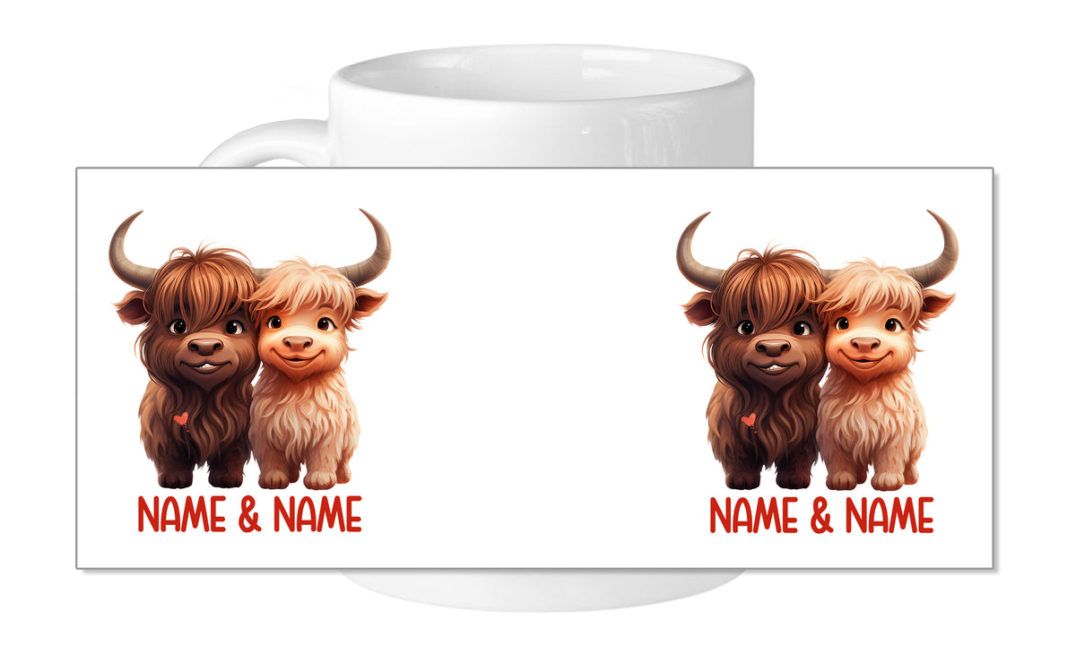 Tasse mit zwei niedlichen Hochlandrindern und Namen.