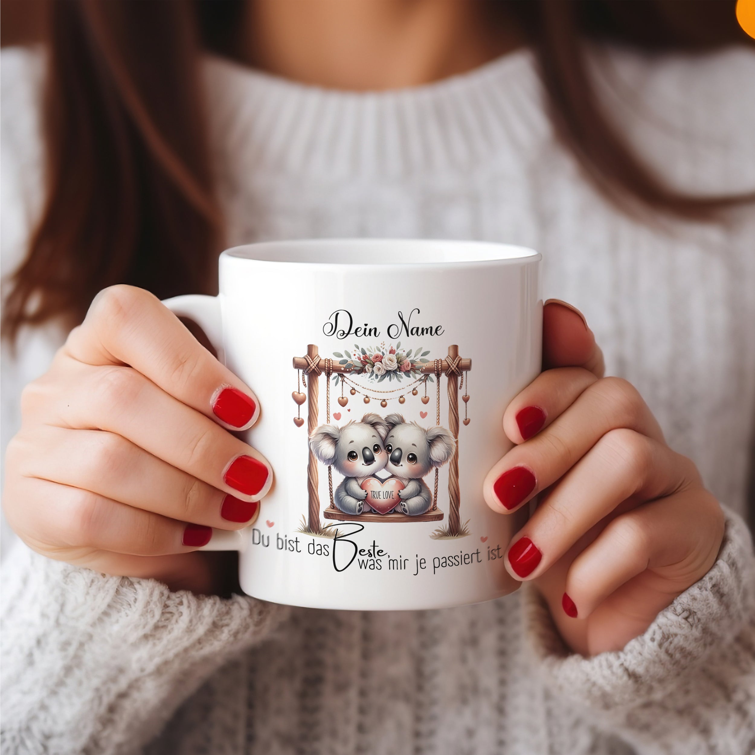 Tasse mit Koalas und persönlichem Namen, weiß.