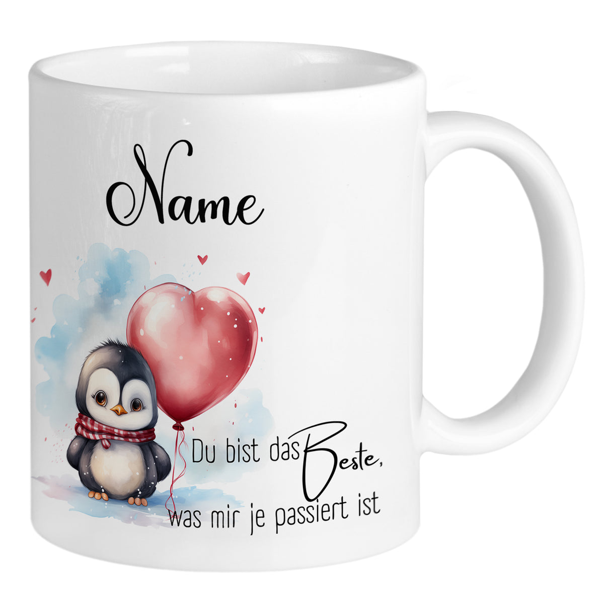 Tasse mit Pinguin, rotem Herzballon und persönlichem Text.