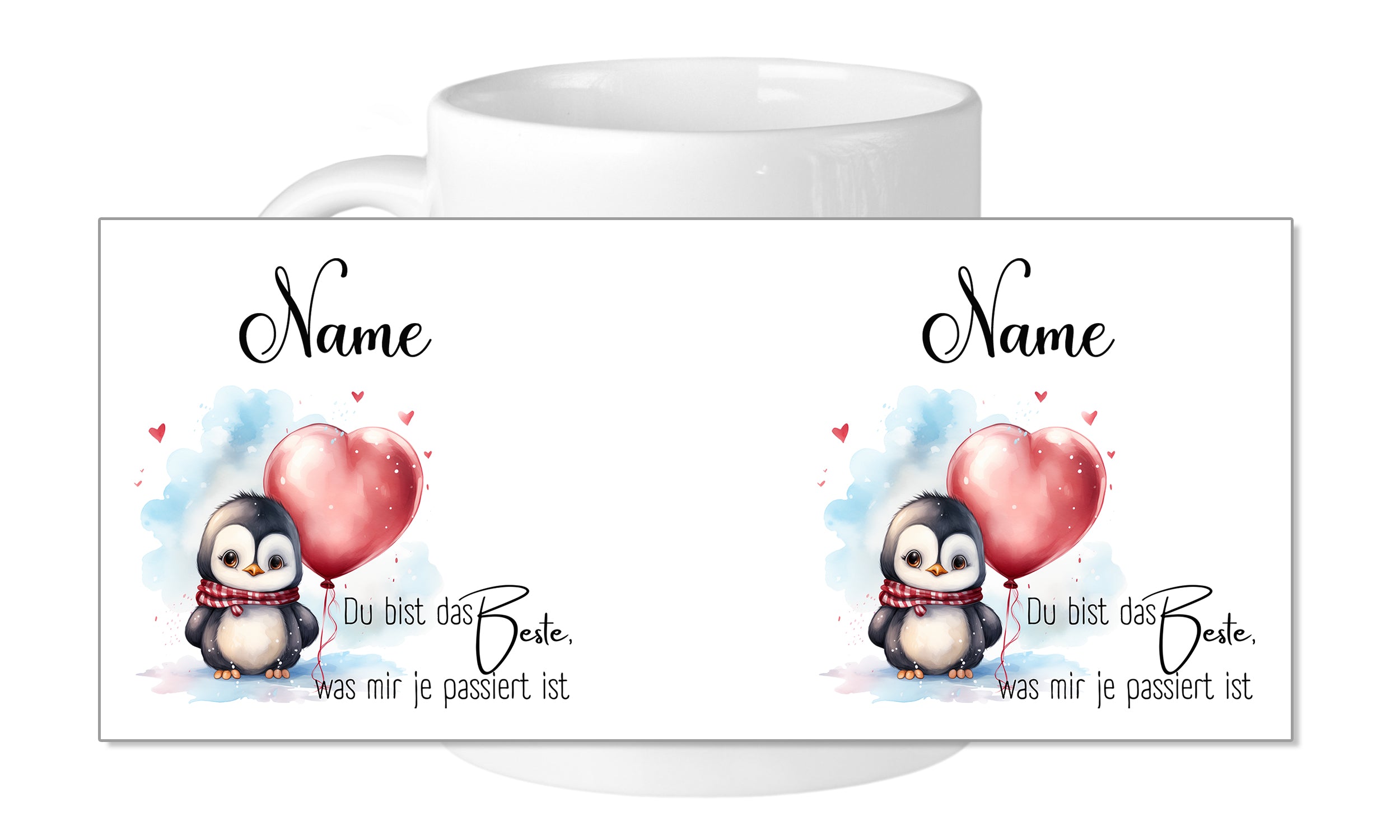 Tasse mit Pinguin und Herz, personalisierbar.
