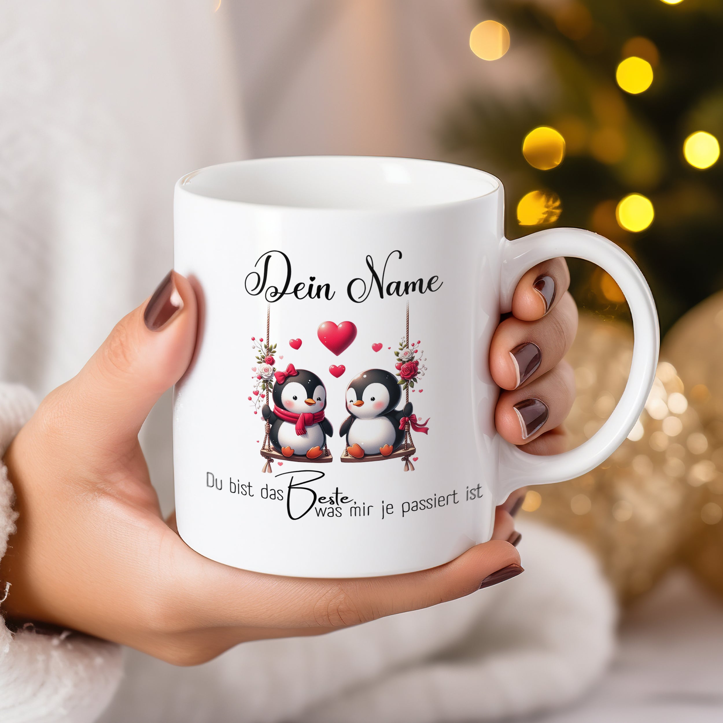 Tasse mit Pinguinen, personalisiert, weiß, romantisches Design.