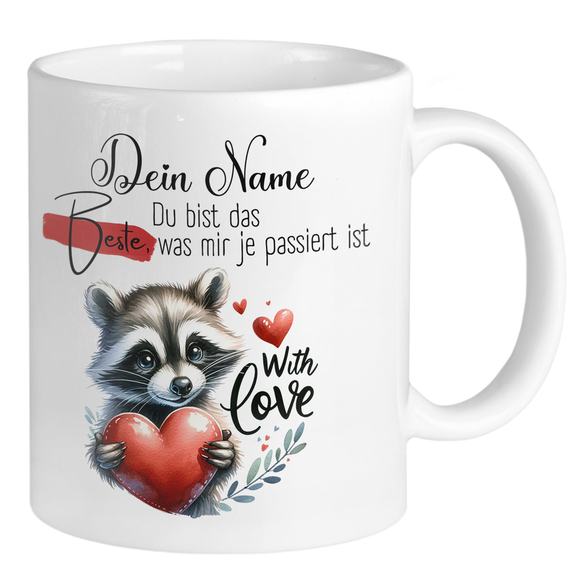 Weiße Tasse mit Waschbär und Herz, personalisierbar.