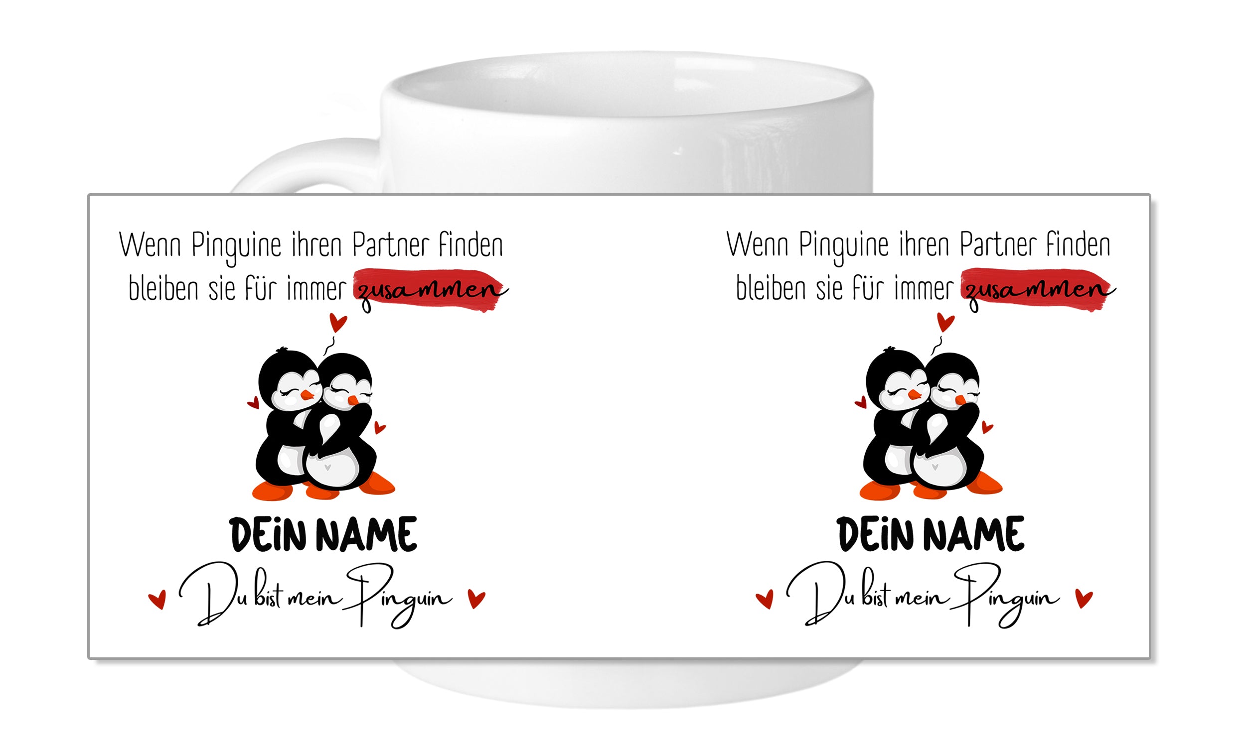 Tasse mit Pinguinen, personalisierbar, schwarz-weiß-rot.