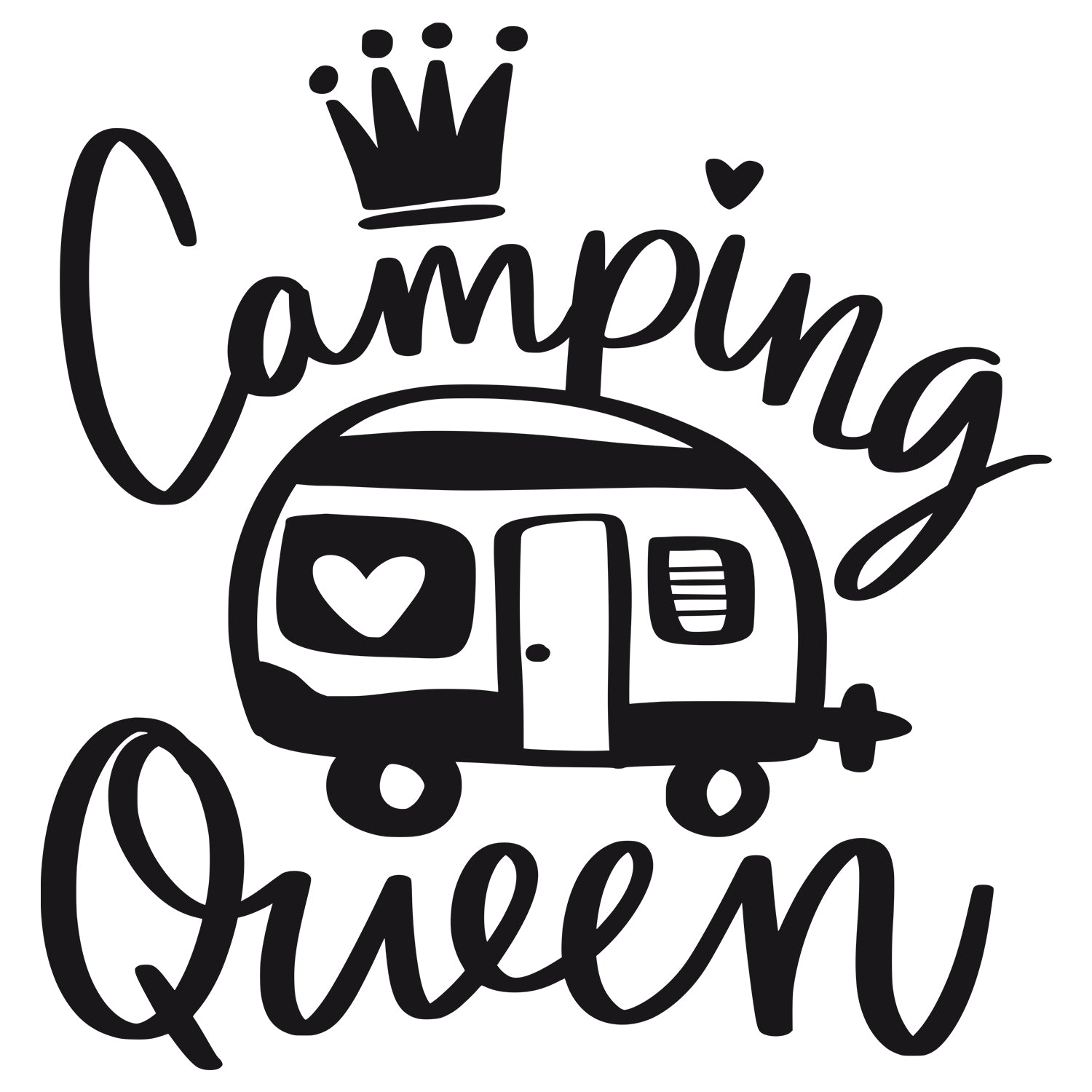 Camping Queen Schriftzug mit Wohnwagen und Krone, schwarz.