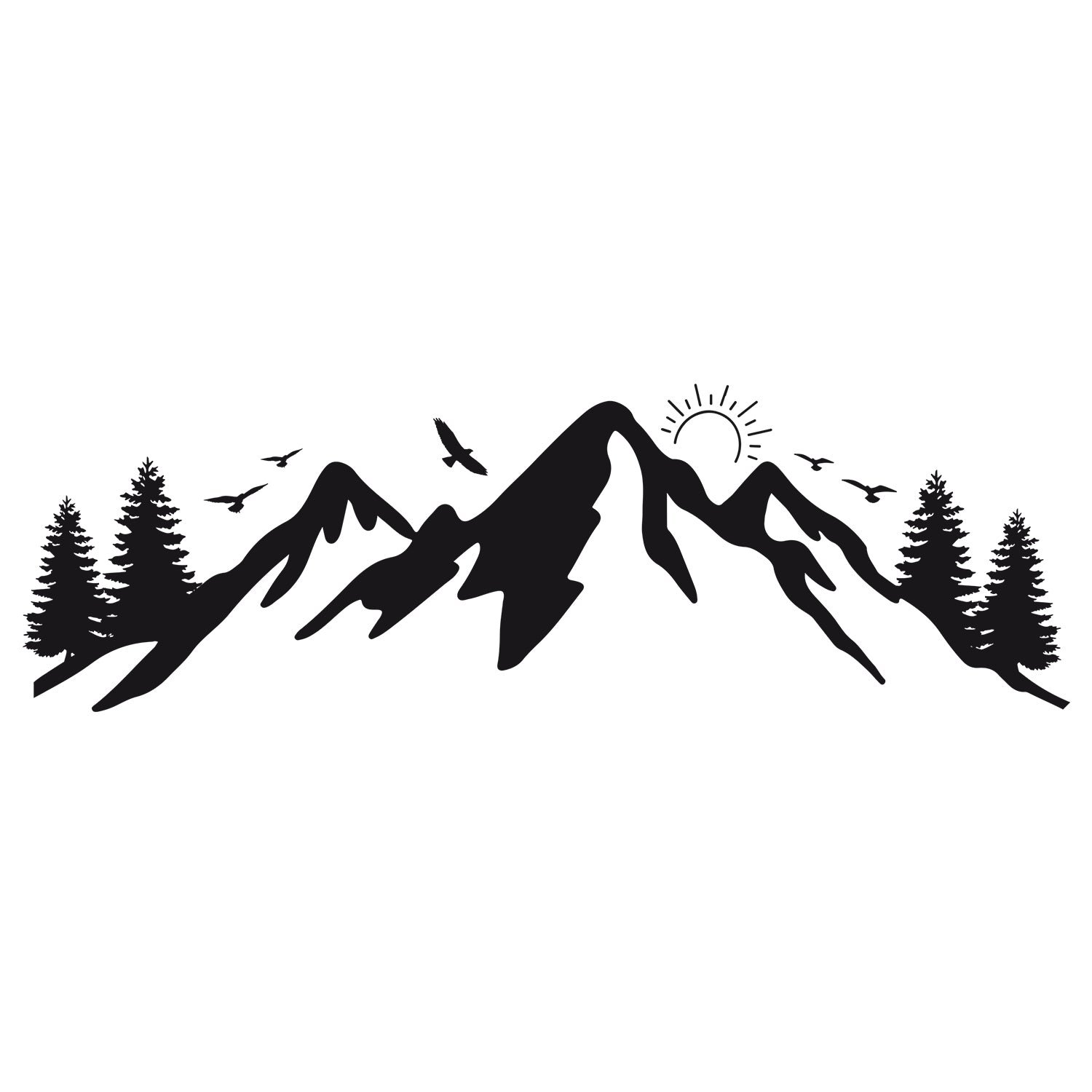Schwarze Bergsilhouette mit Bäumen und Sonnenaufgang.