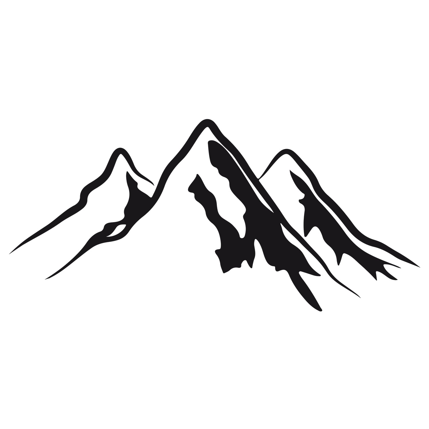 Schwarze Bergsilhouette mit schneebedeckten Spitzen.