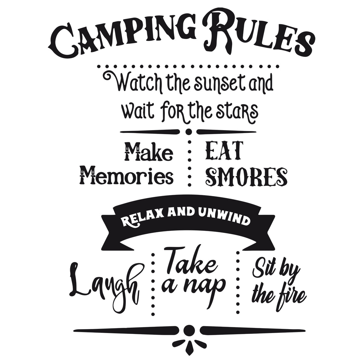Camping-Regeln in schwarzer Schrift, entspannen und Erinnerungen schaffen.