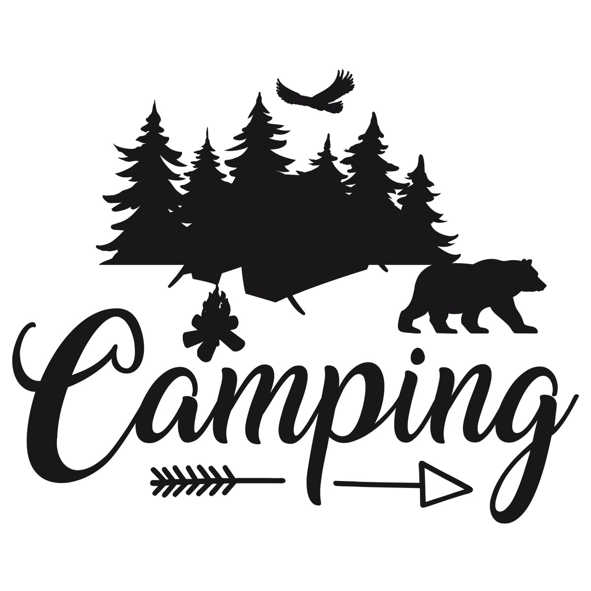 Schwarz-weißes Campingmotiv mit Bär, Bäumen und Lagerfeuer.