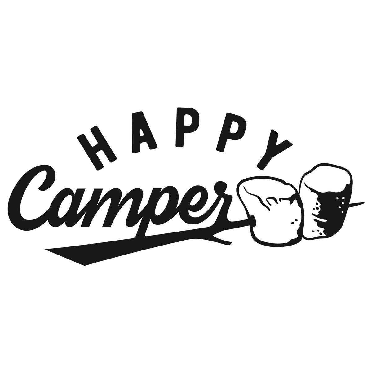 Schriftzug "Happy Camper" mit stilisierten Marshmallows.