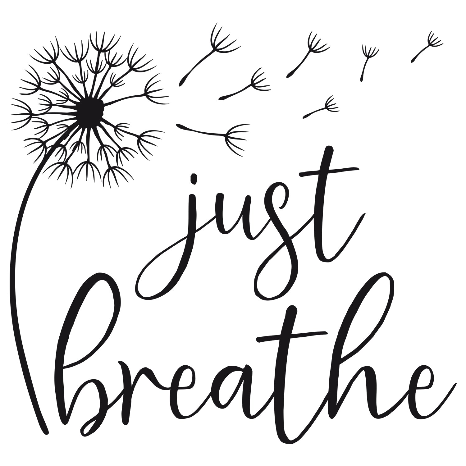 Schwarzes Wandtattoo mit Pusteblume und Schriftzug just breathe