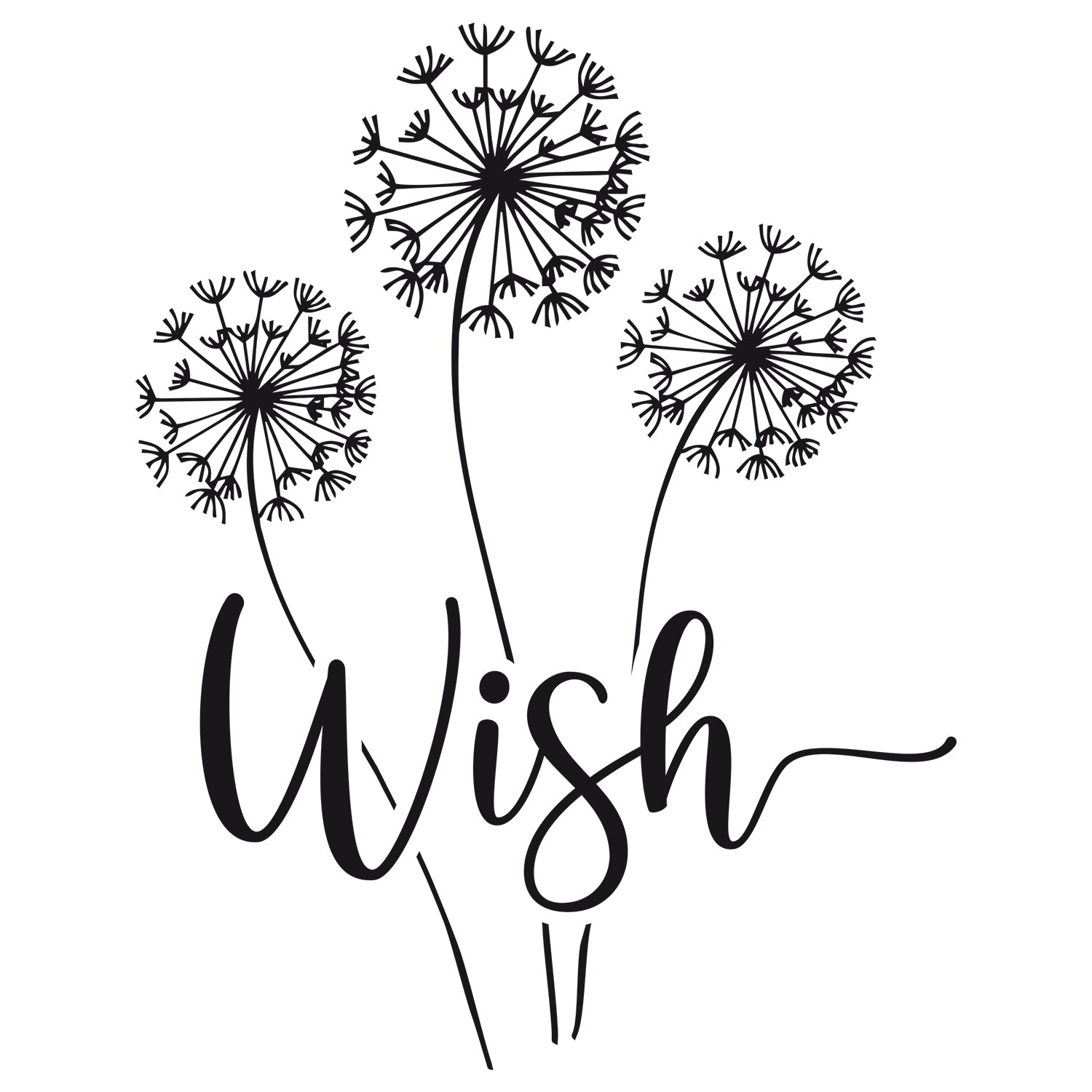 Schwarzes Wandtattoo mit Pusteblumen und Schriftzug Wish