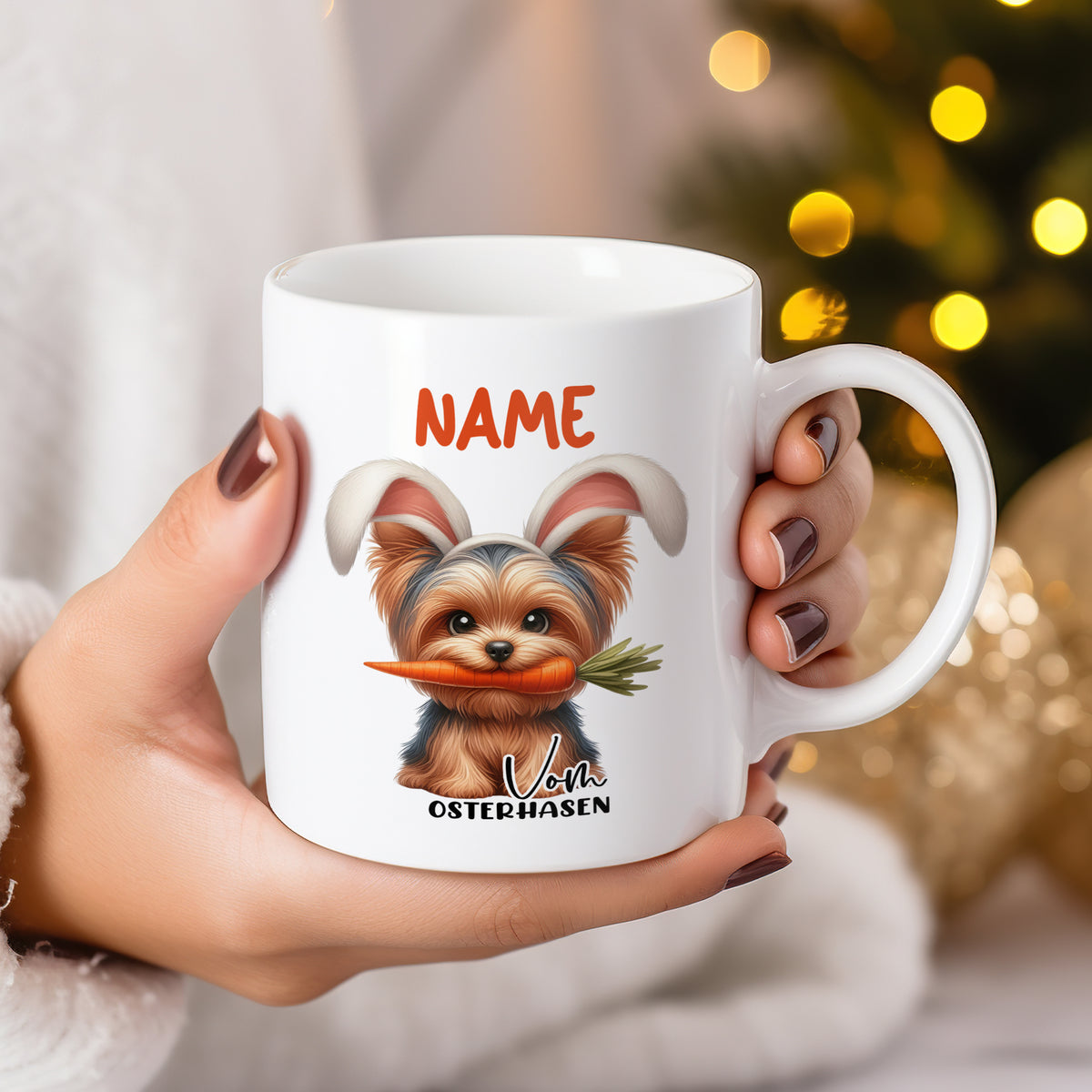 Tasse mit Yorkshire Terrier und Osterhasenohren, personalisierbar.