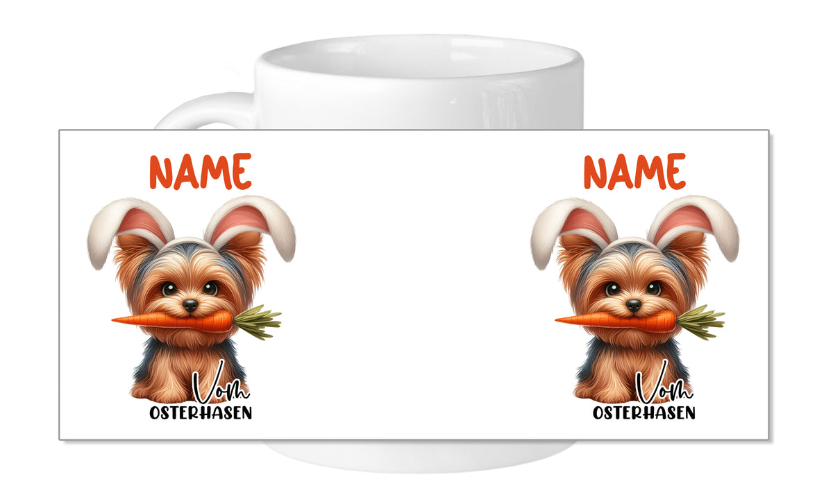 Tasse mit niedlichem Hasen-Hund und Karotte, personalisierbar.
