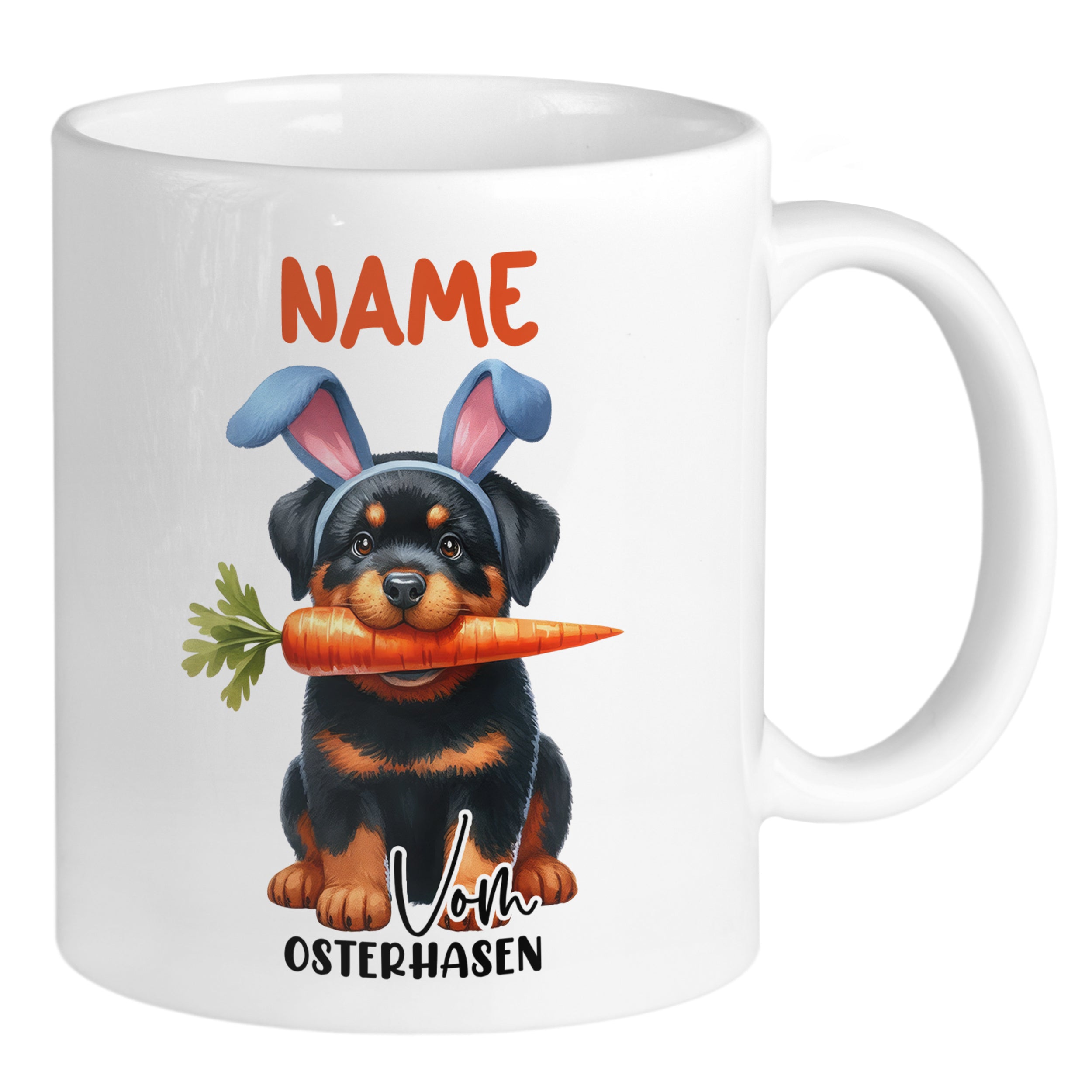 Tasse mit Rottweiler, Karotte und Osterhasenohren.