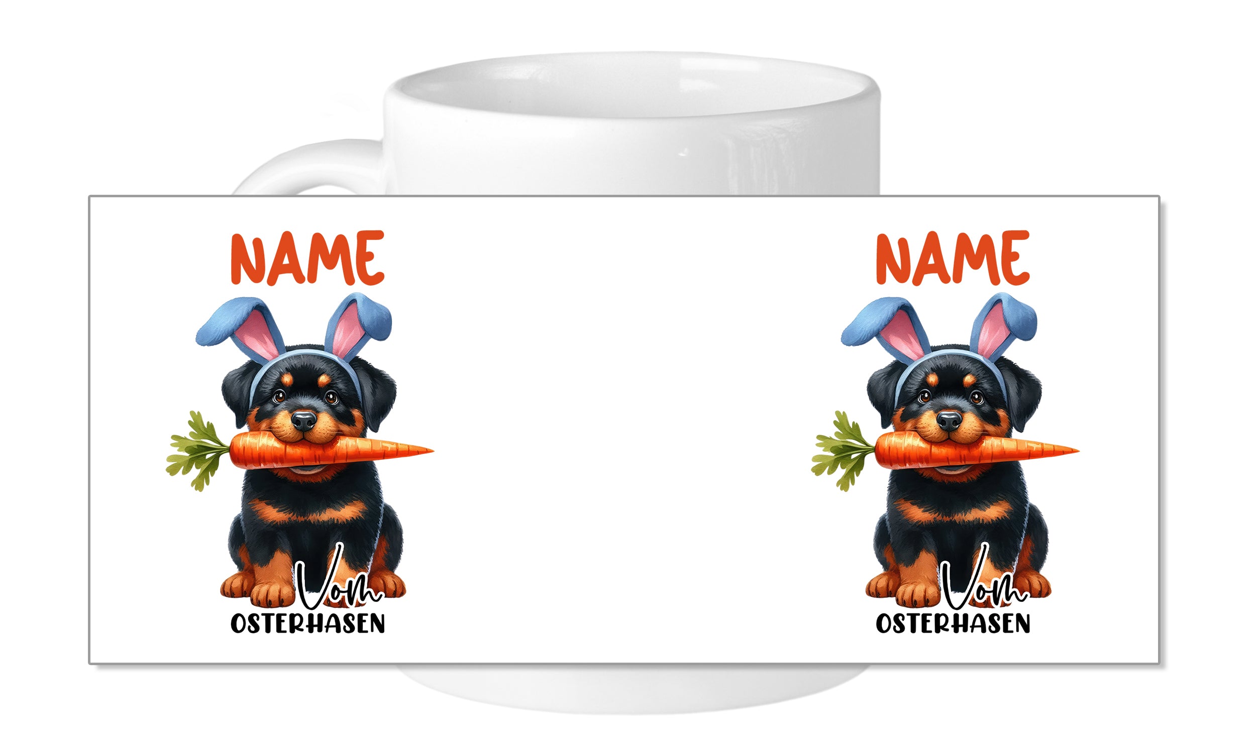 Tasse mit Rottweiler, Karotte und Osterhasenohren.