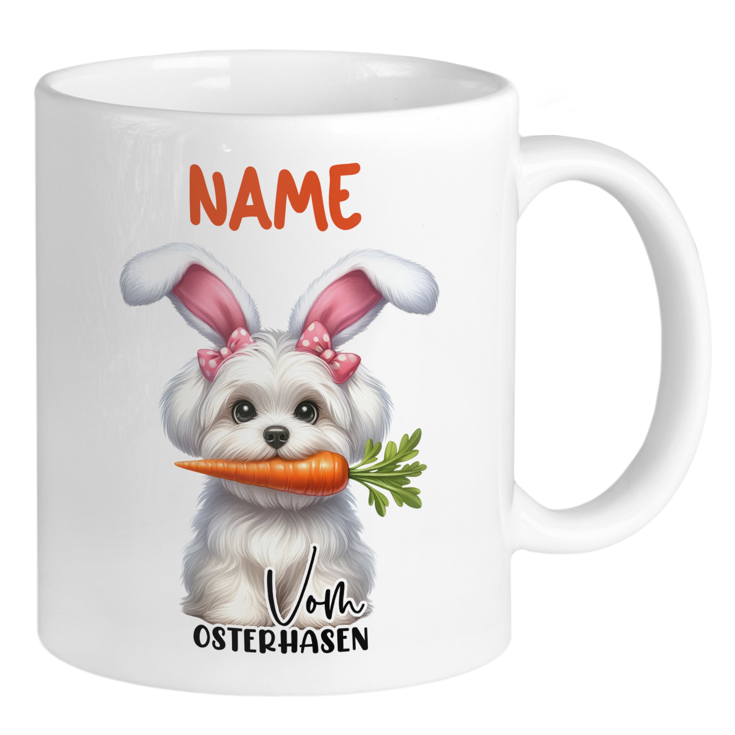 Weißer Becher mit Hund, Karotte und Osterhasen-Design.