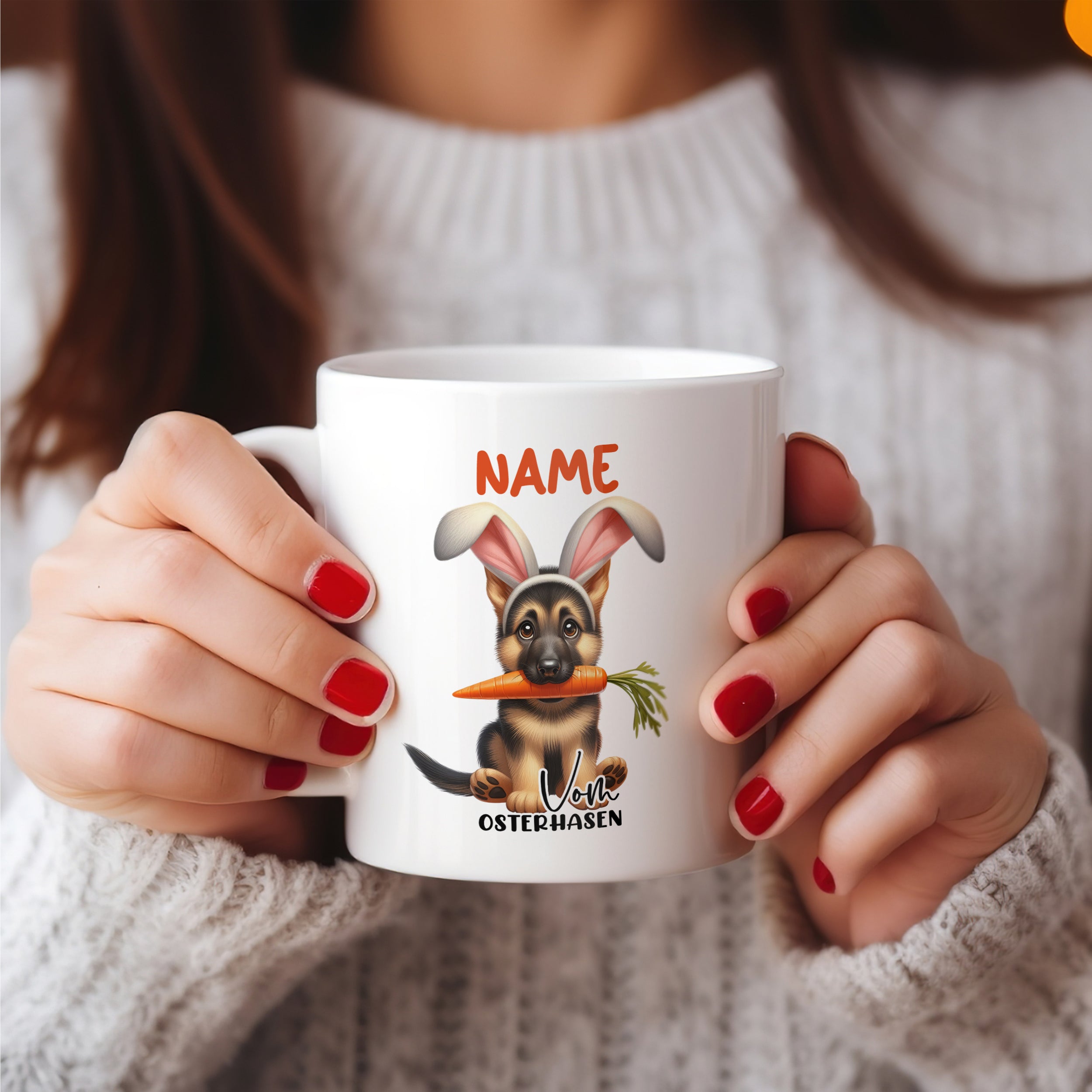 Tasse mit Hundemotiv, weiße Farbe, personalisierbar.
