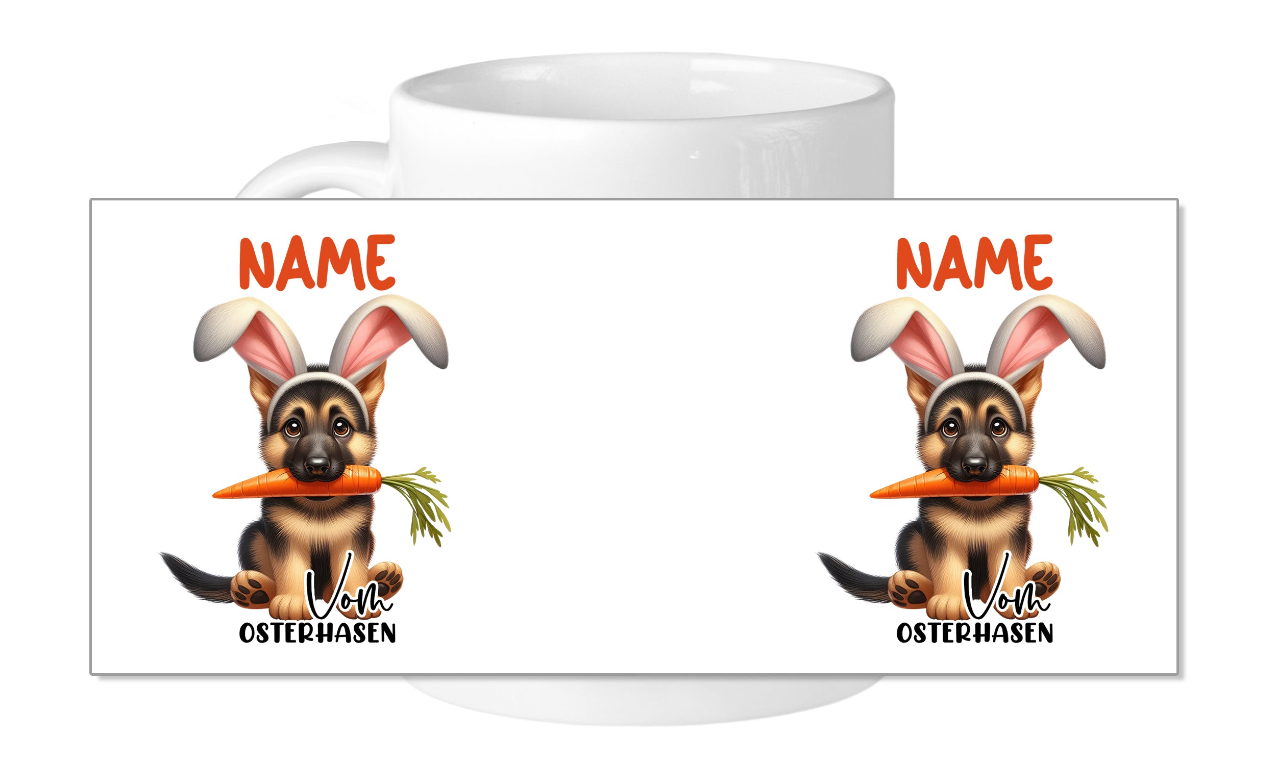 Tasse mit niedlichem Hund im Hasenohren-Design.