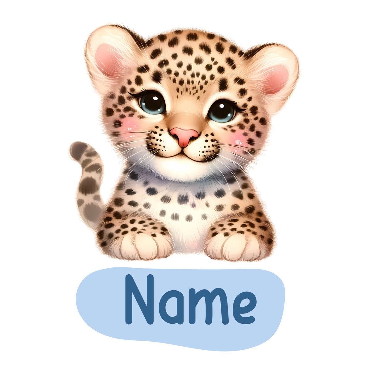 Süßes Leopardenbaby mit geflecktem Fell und großen Augen.