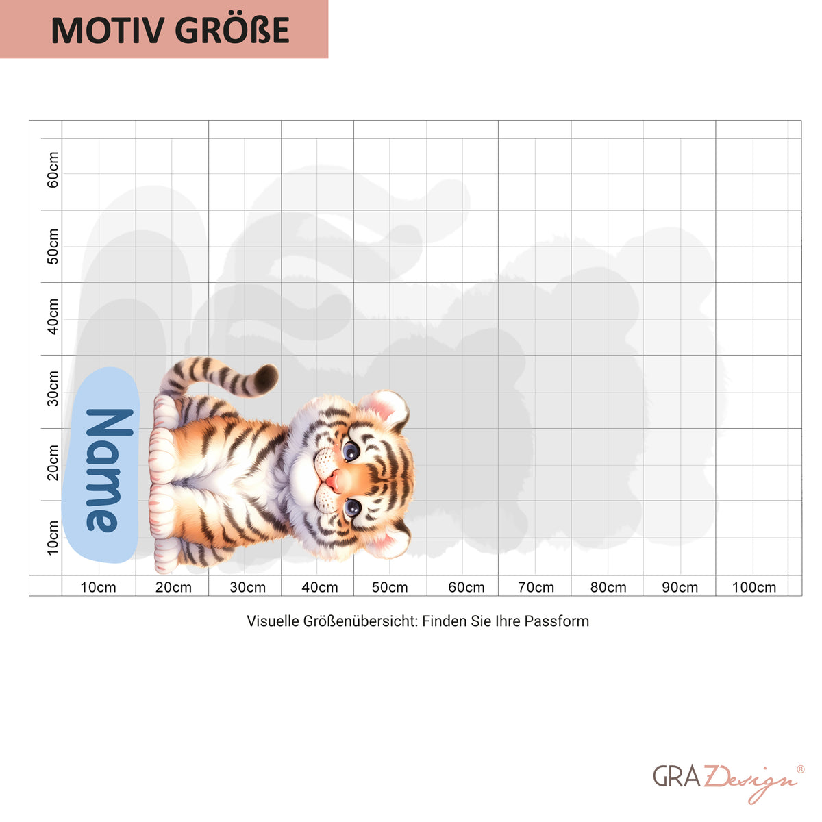 Tiger-Motiv in Orange und Braun, Größenangaben auf Raster.