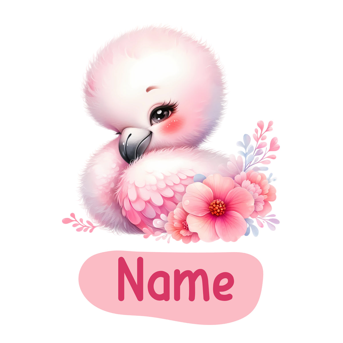 Flamingo in Rosa mit Blumen und Name.