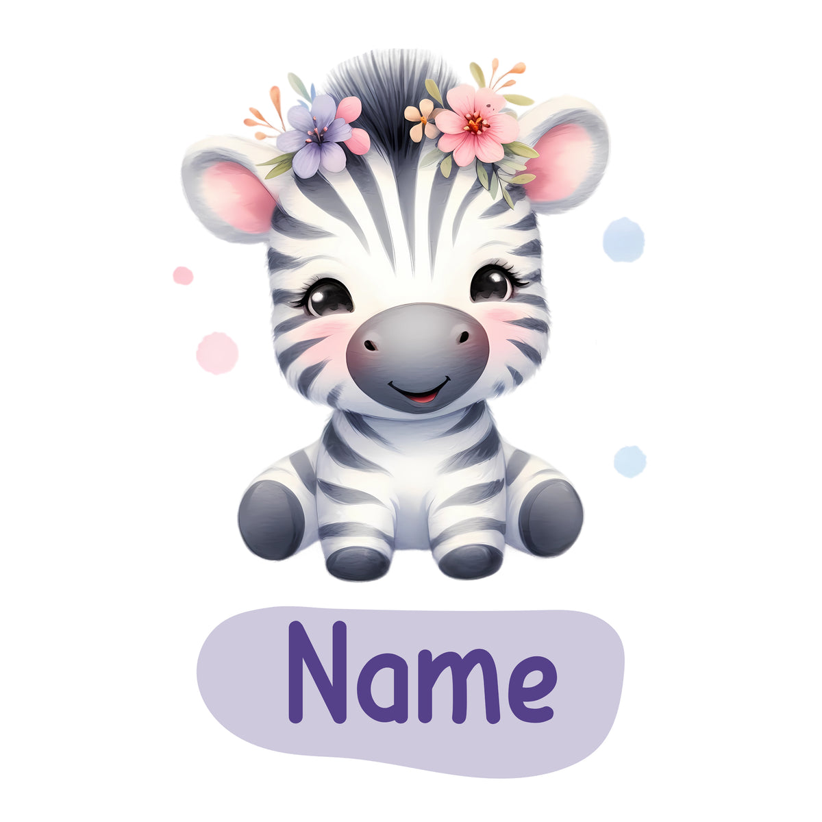 Niedliches Zebra mit Blumenkranz und personalisierbarem Namen.