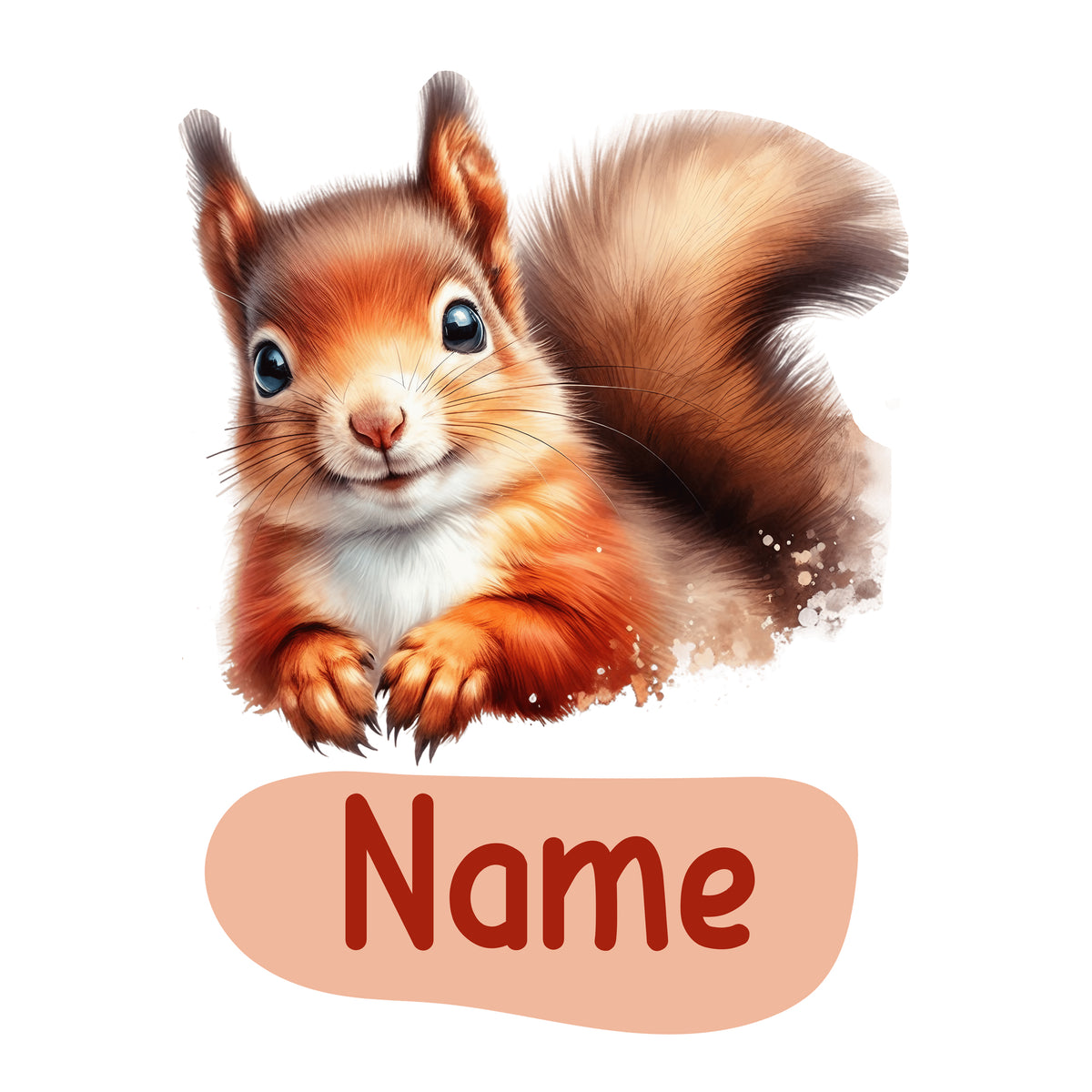 Braunes Eichhörnchen mit flauschigem Schwanz und Name.