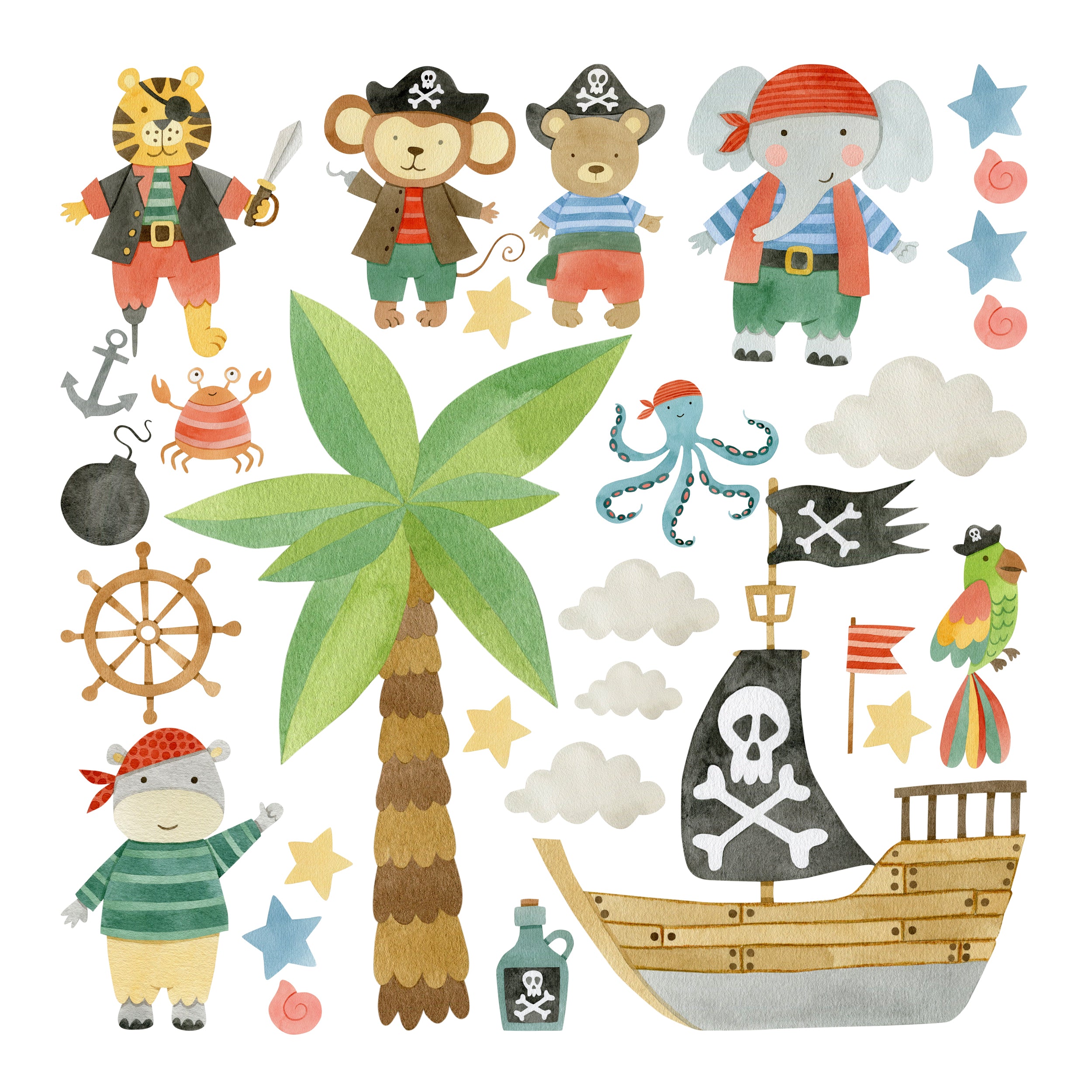 Wandtattoo-Set mit Piraten, Meerestieren und Schatzinsel