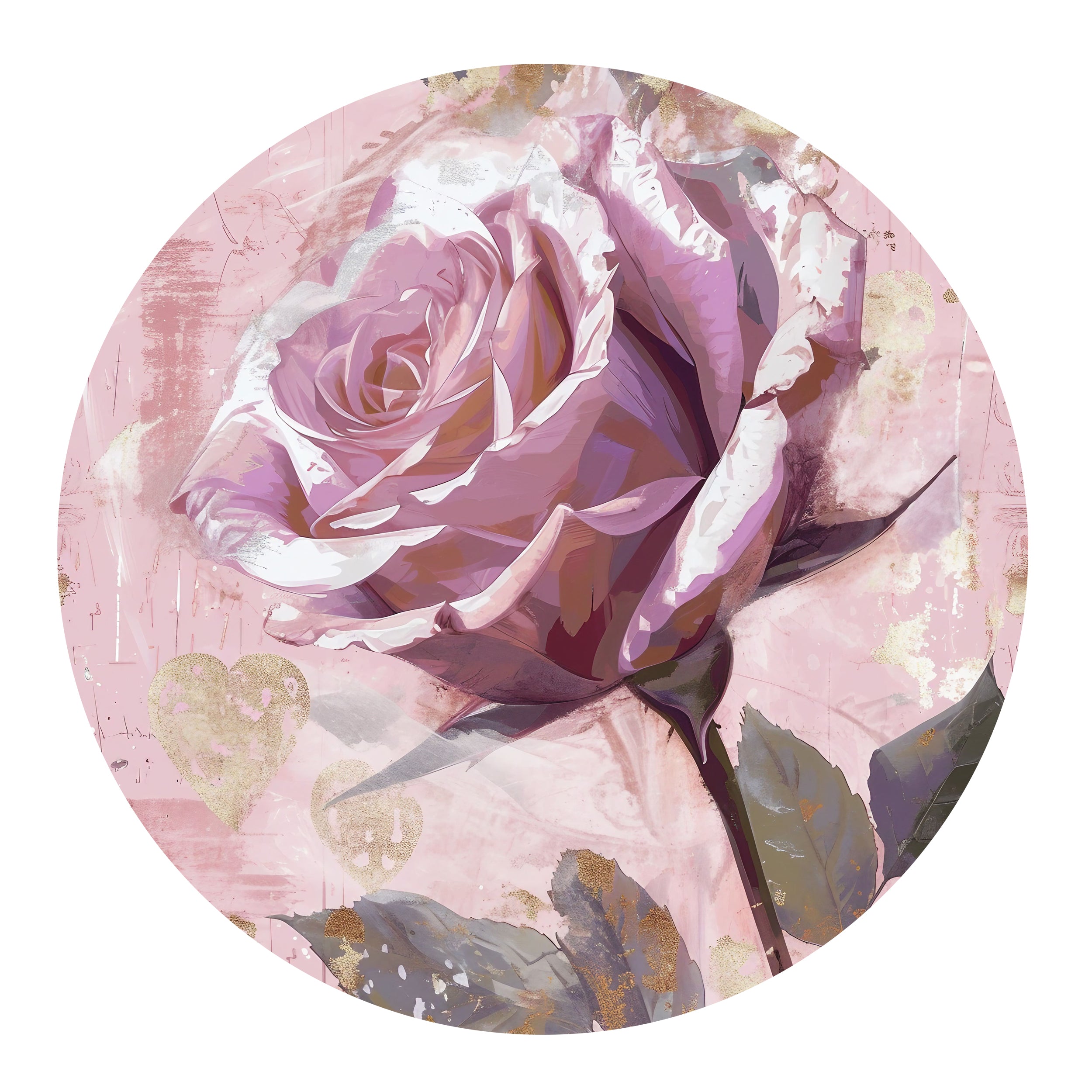 Lila Rose auf rosa Hintergrund mit goldenen Akzenten.
