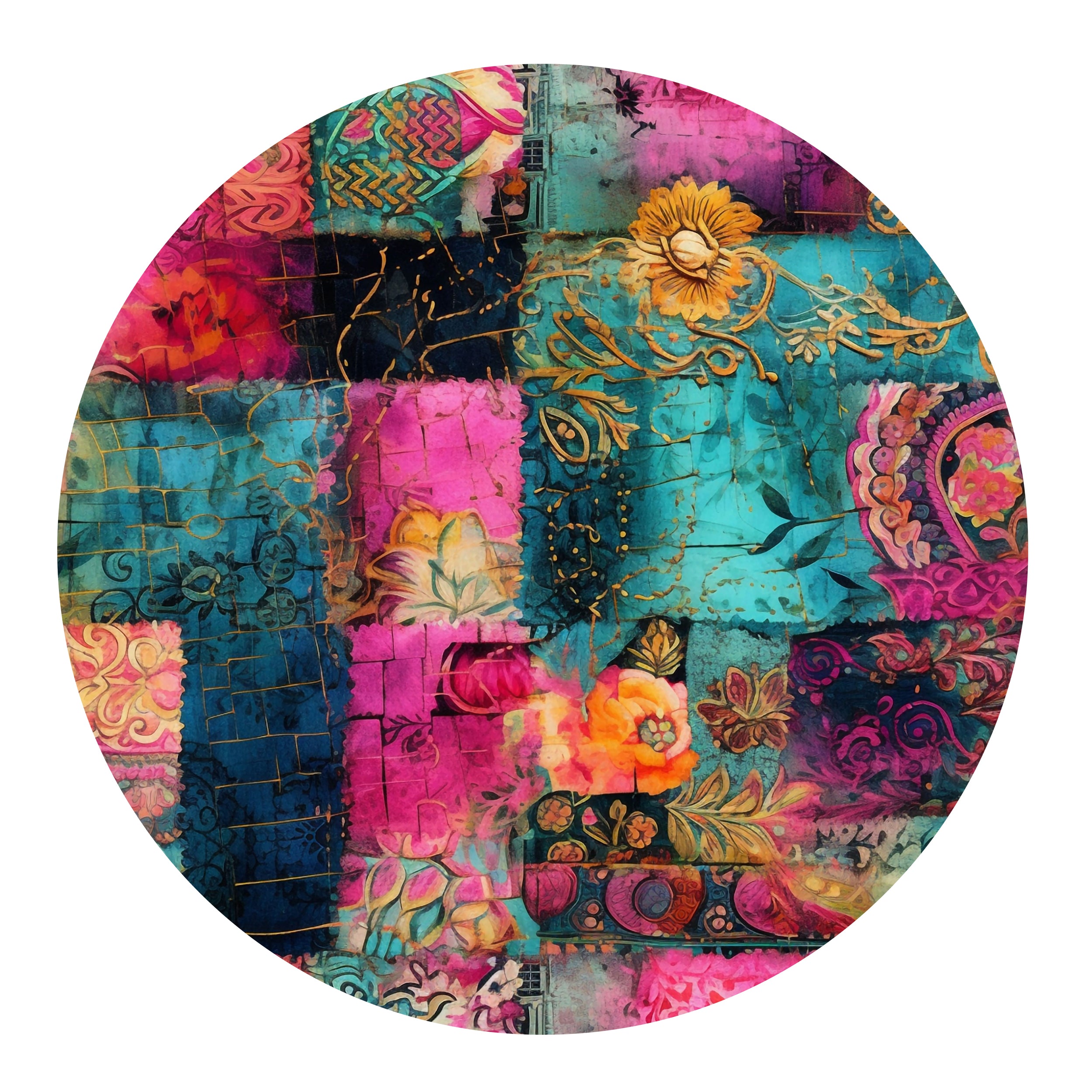 Bunter Stoff mit floralen Mustern in Pink und Blau.