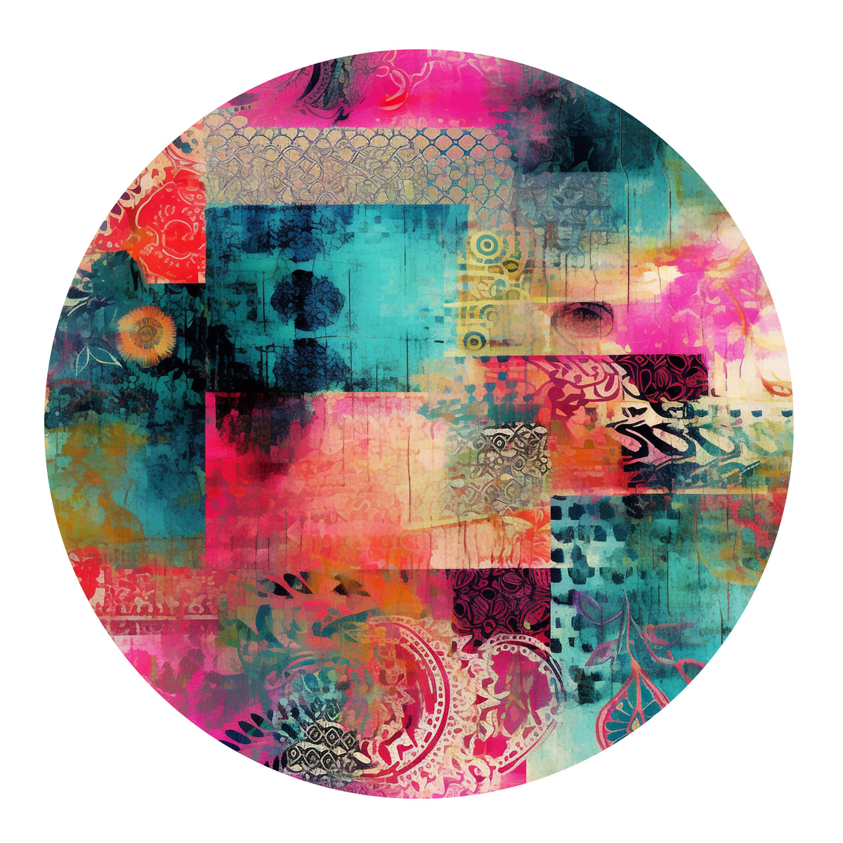 Bunter runder Wandteppich mit geometrischen Mustern und Texturen.
