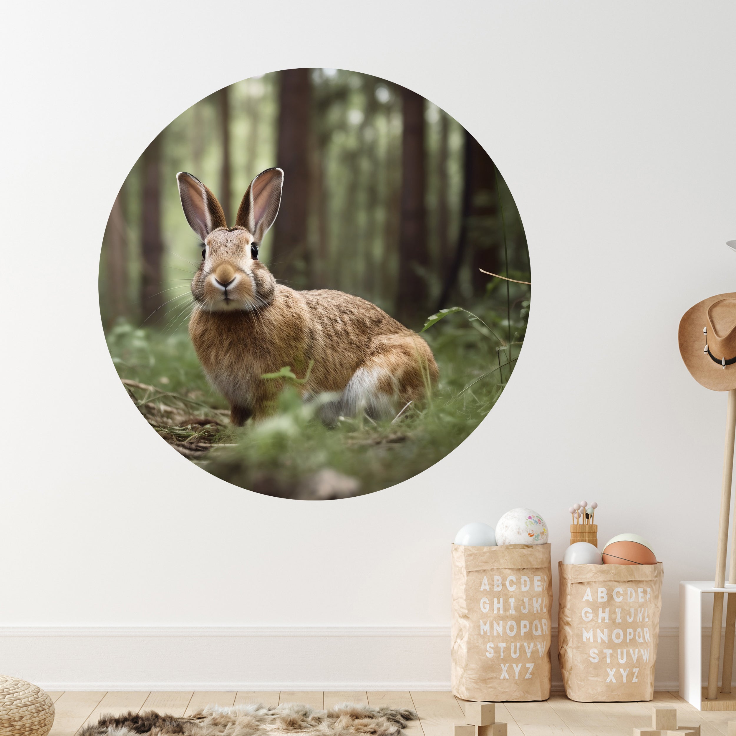 Brauner Hase im Wald, umgeben von grüner Vegetation.