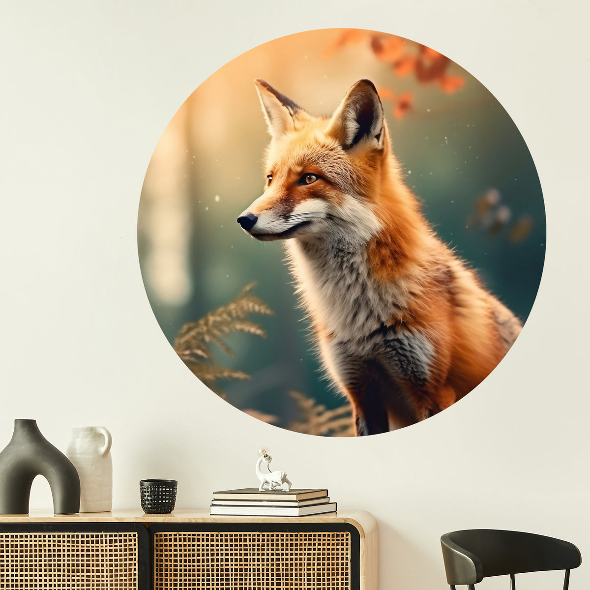 Fuchs mit orangefarbenem Fell vor sanfter Hintergrundbeleuchtung.