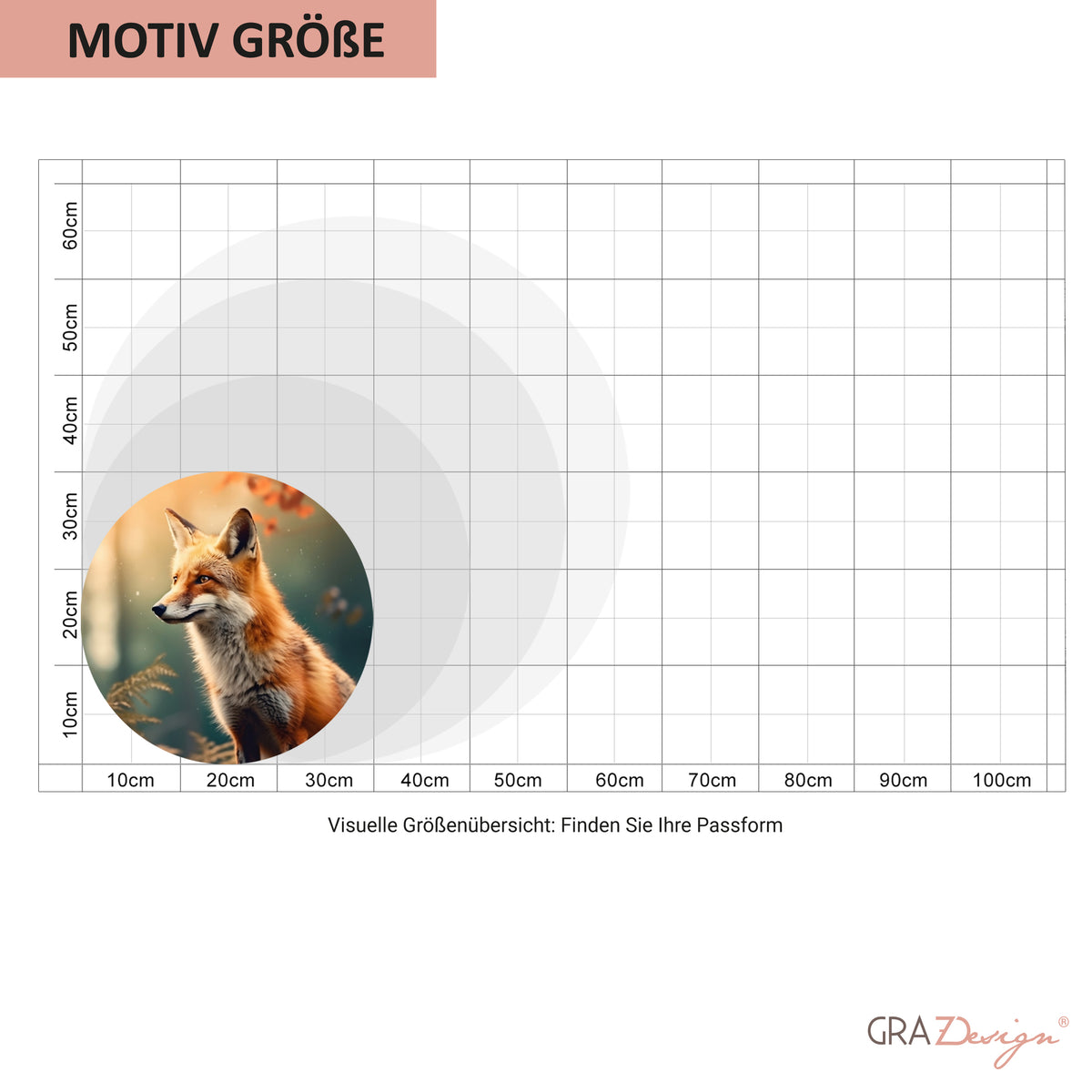 Fuchs-Motiv in warmen Farben, visuelle Größenübersicht.