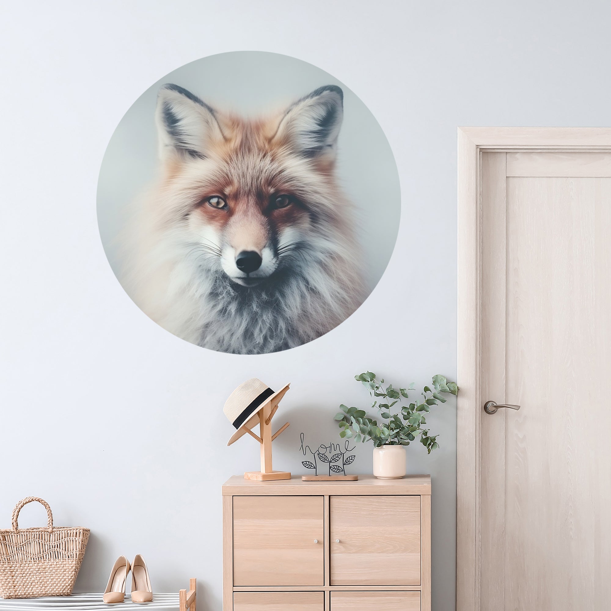 Rotfuchs mit detailliertem Gesicht auf runder Wanddekoration.
