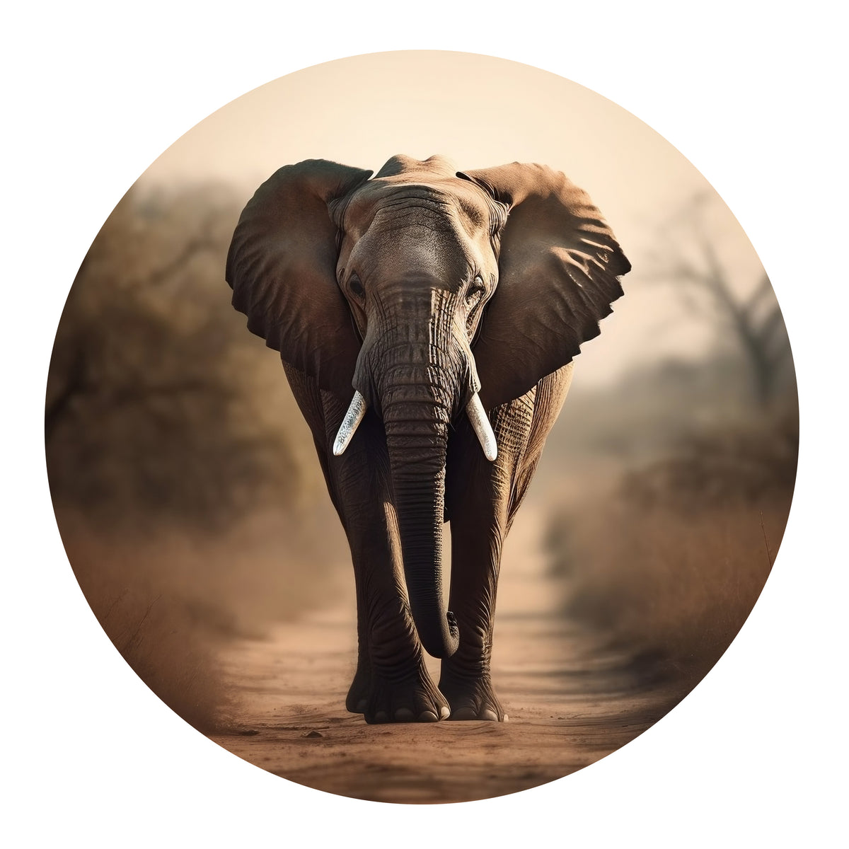Elefant mit großen Ohren, braun, auf einem Weg.