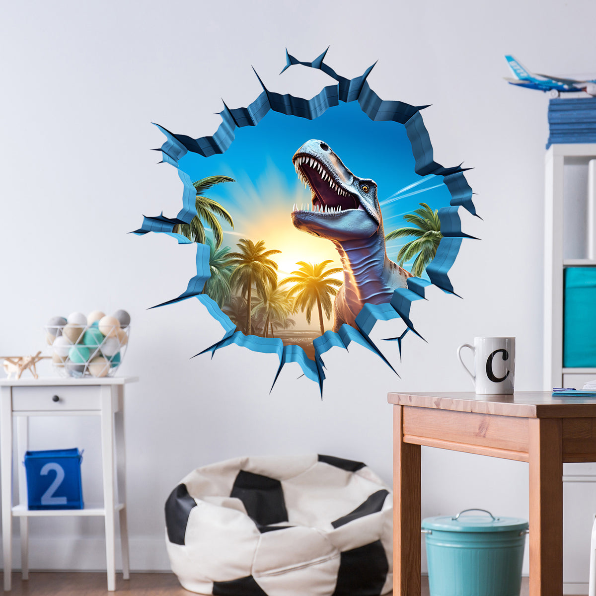 Wandtattoo mit Tyrannosaurus Rex beim Wanddurchbruch im Kinderzimmer